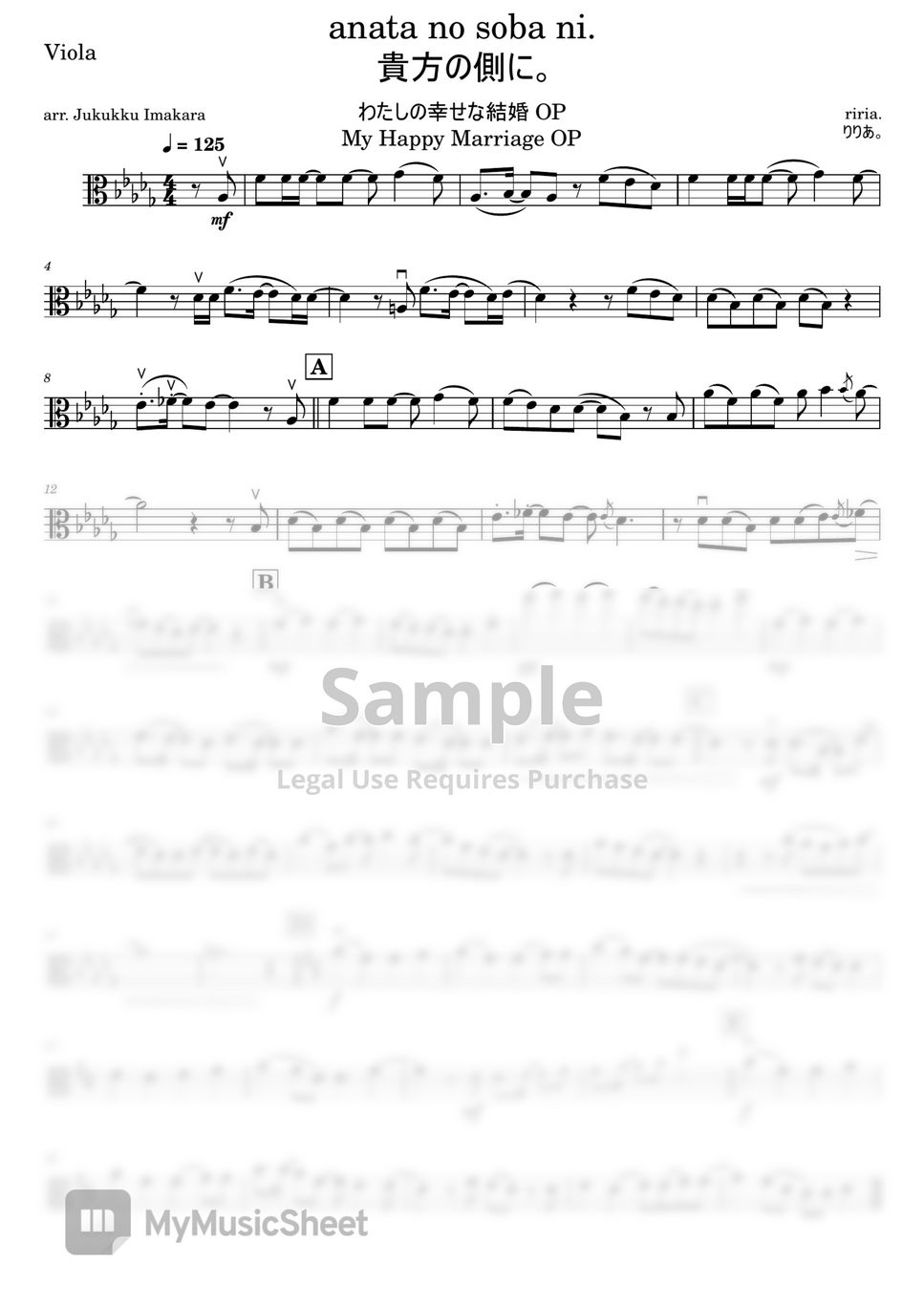 riria. - anata no soba ni. [My Happy Marriage OP] [Viola] Sheets by ...