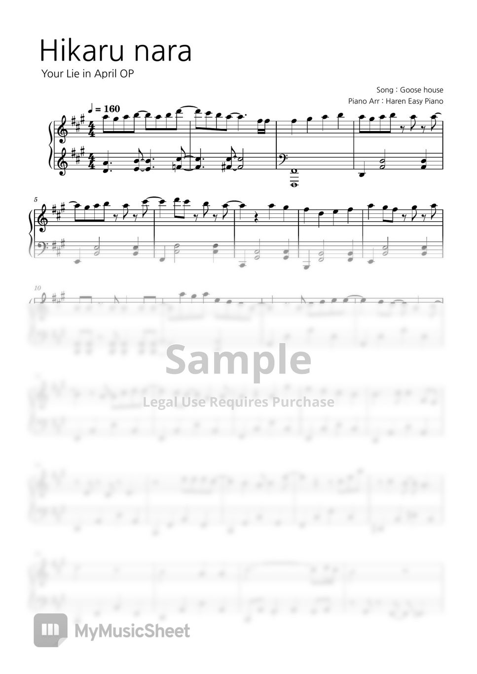 Hikaru Nara Your Lie In April Piano Sheet Music 