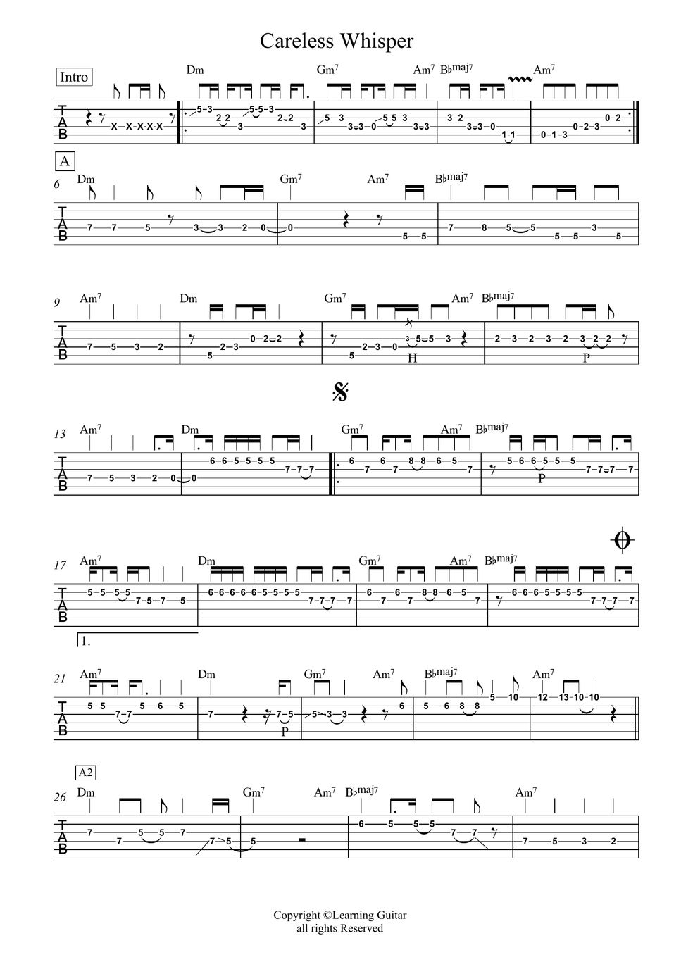 Michael Careless Whisper (Melody TAB) Sheets by Learning Guitar