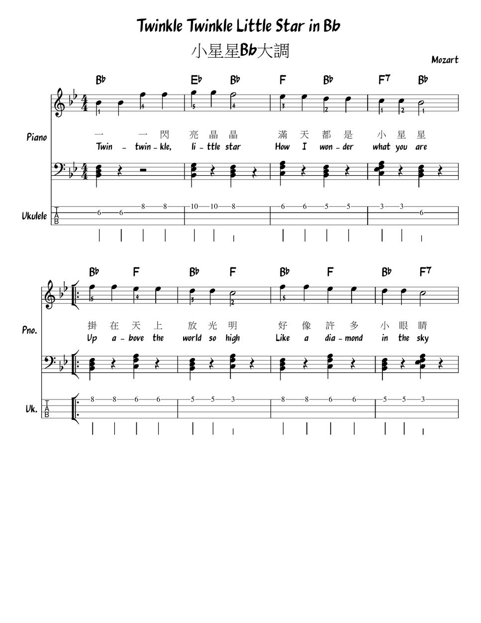 Mozart Twinkle twinkle little stars in all keys (Chord/Melody/Piano/Ukulele tab) (Lead Sheets