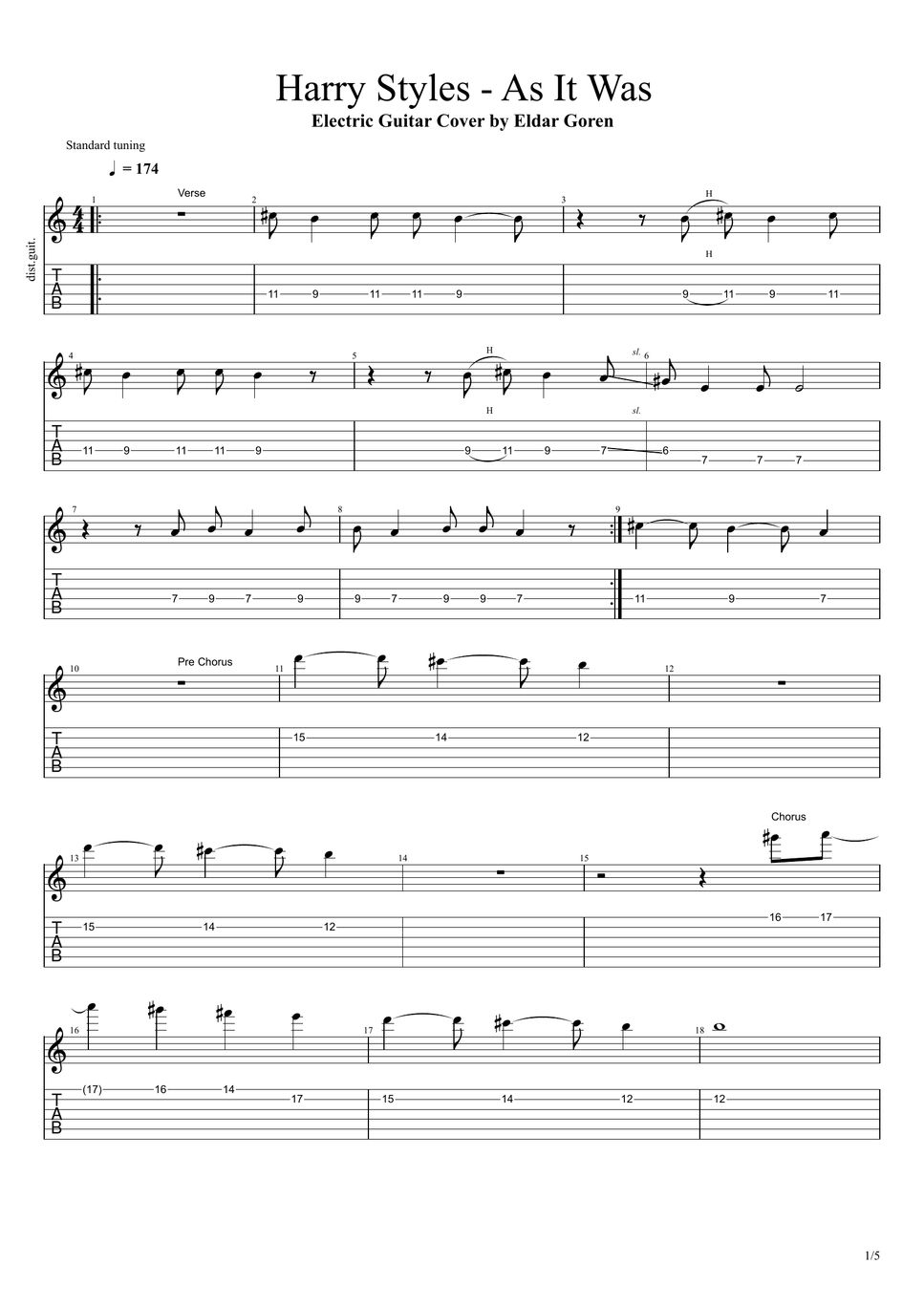 Harry styles as it was guitar instrumental sheet by eldar goren