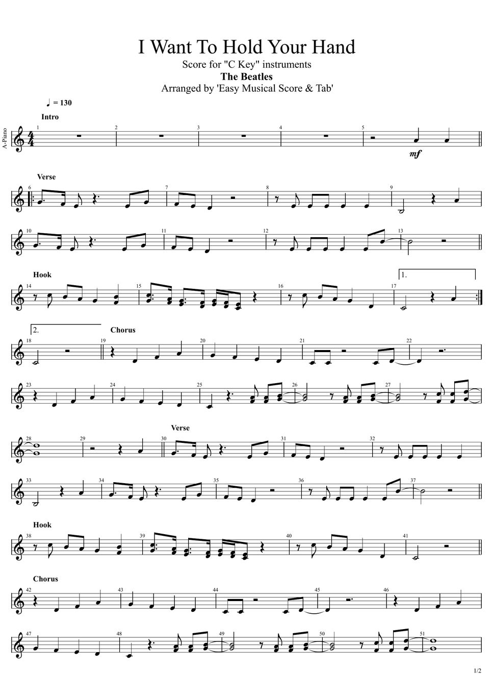 The Beatles I Want To Hold Your Hand Score For C Key Instruments