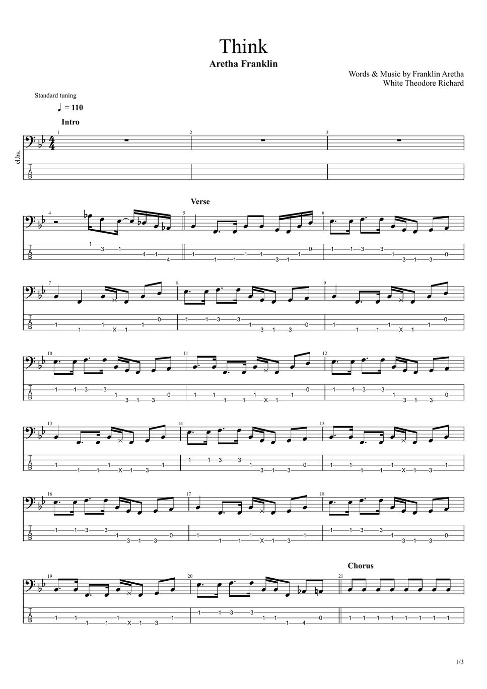 アレサ・フランクリン Think タブ + 五線譜 by まっきん