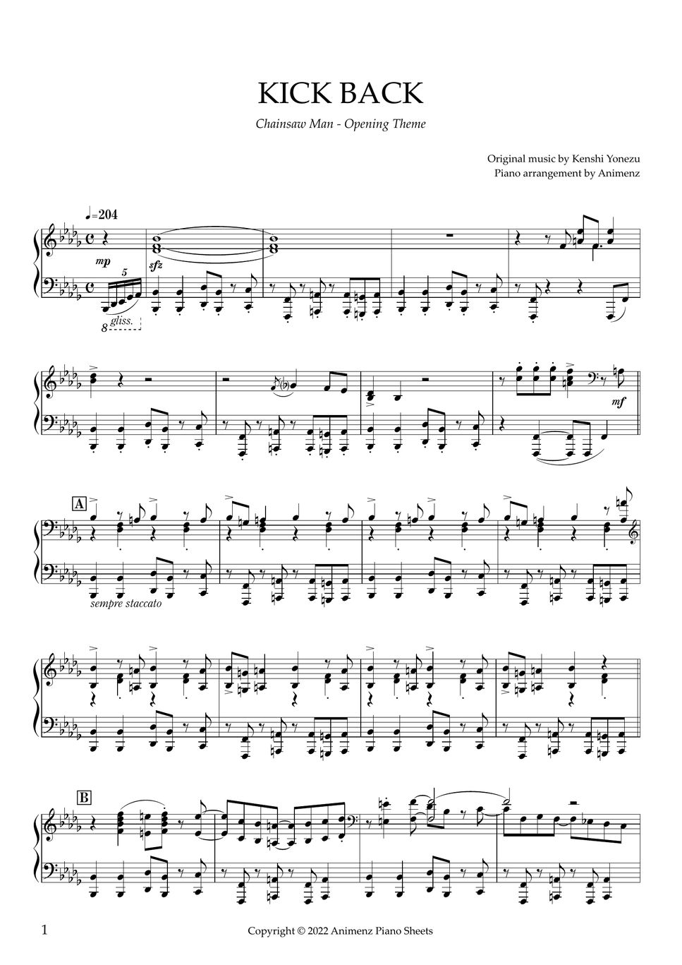 Kenshi Yonezu KICK BACK (Chainsaw Man OP) Sheet by Animenz