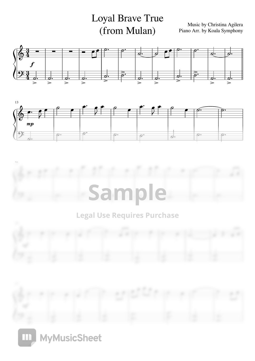 Christina Aguilera - Loyal Brave True (from Mulan 2020) Very easy ver. by Koala Symphony