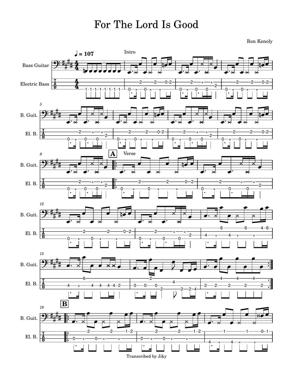 Ron kenoly for the lord is good bass tabs and music sheet tab by