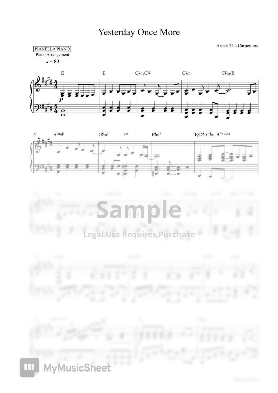 The Carpenters - Yesterday Once More (Piano Sheet) by Pianella Piano