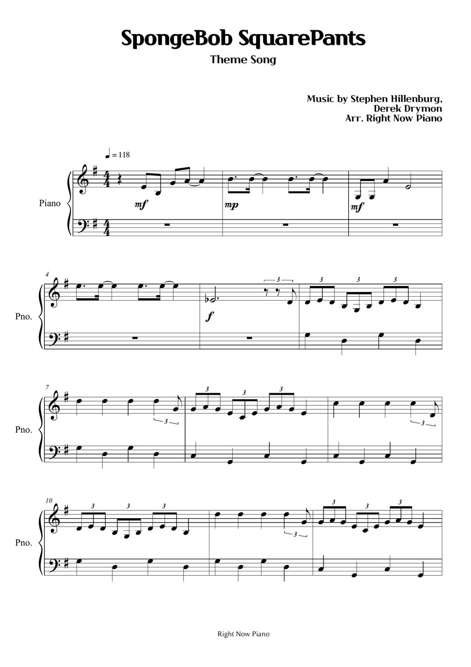 Spongebob Squarepants Theme Song Sheets By Right Now Piano 4309