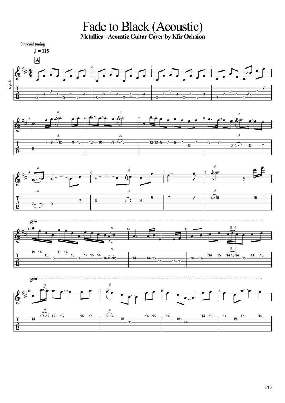Metallica Fade to Black (Acoustic) Tab + pontuação de linha única by