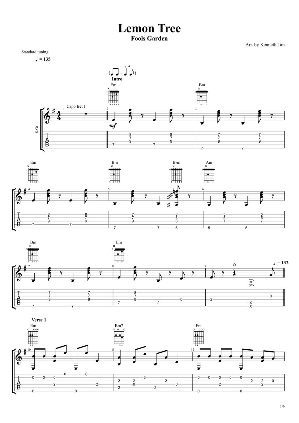 Fools Garden Fingerstyle Guitar Lemon Tree Spartito by Acoustic