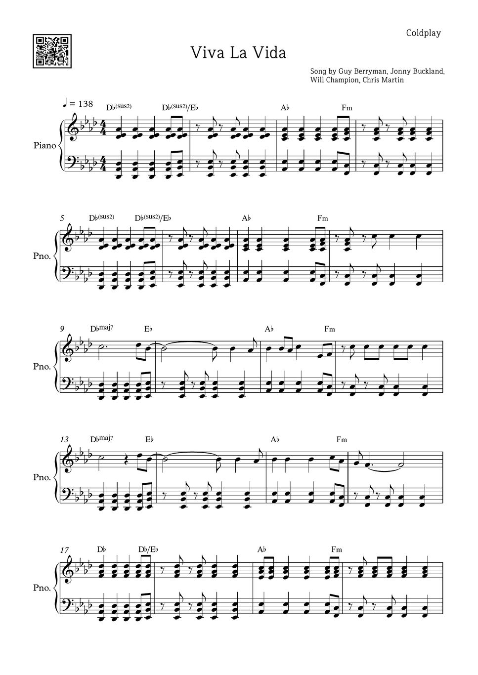 Coldplay Viva La Vida 악보 by PIANOiNU