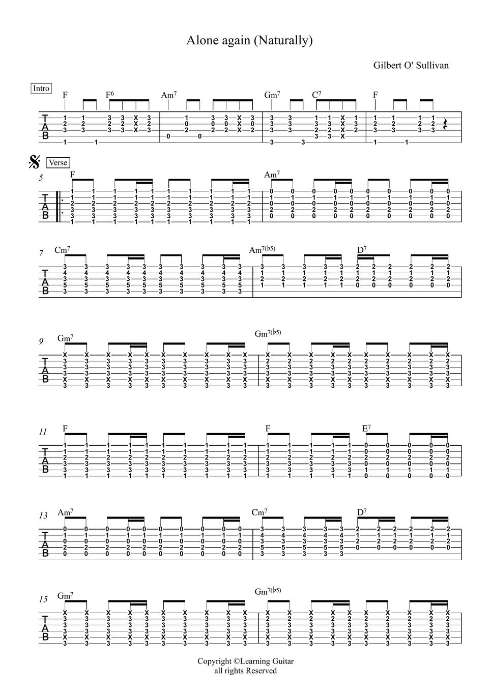 Gilbert O' sullivan - Alone again (Naturally) Guitar Rhythm (Chords) TAB  Sheets