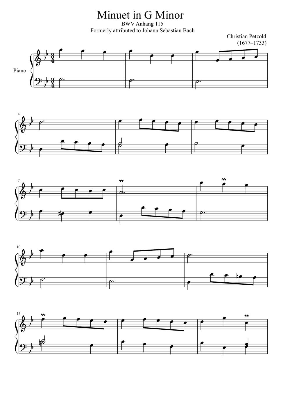 Christian pezold minuet bwv anhang 115 in g minor for easy piano