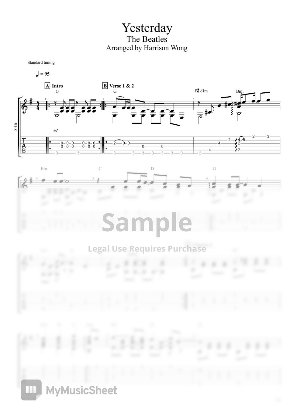 The Beatles Yesterday (Fingerstyle) Tab + 1staff by Harrison Wong