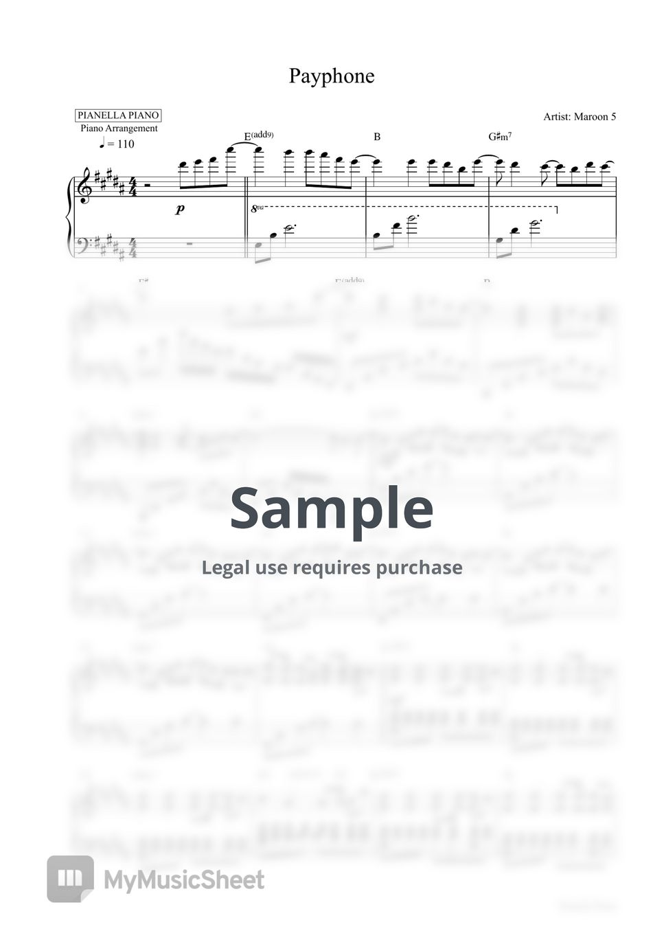 Maroon 5 - Payphone (Piano Sheet) by Pianella Piano