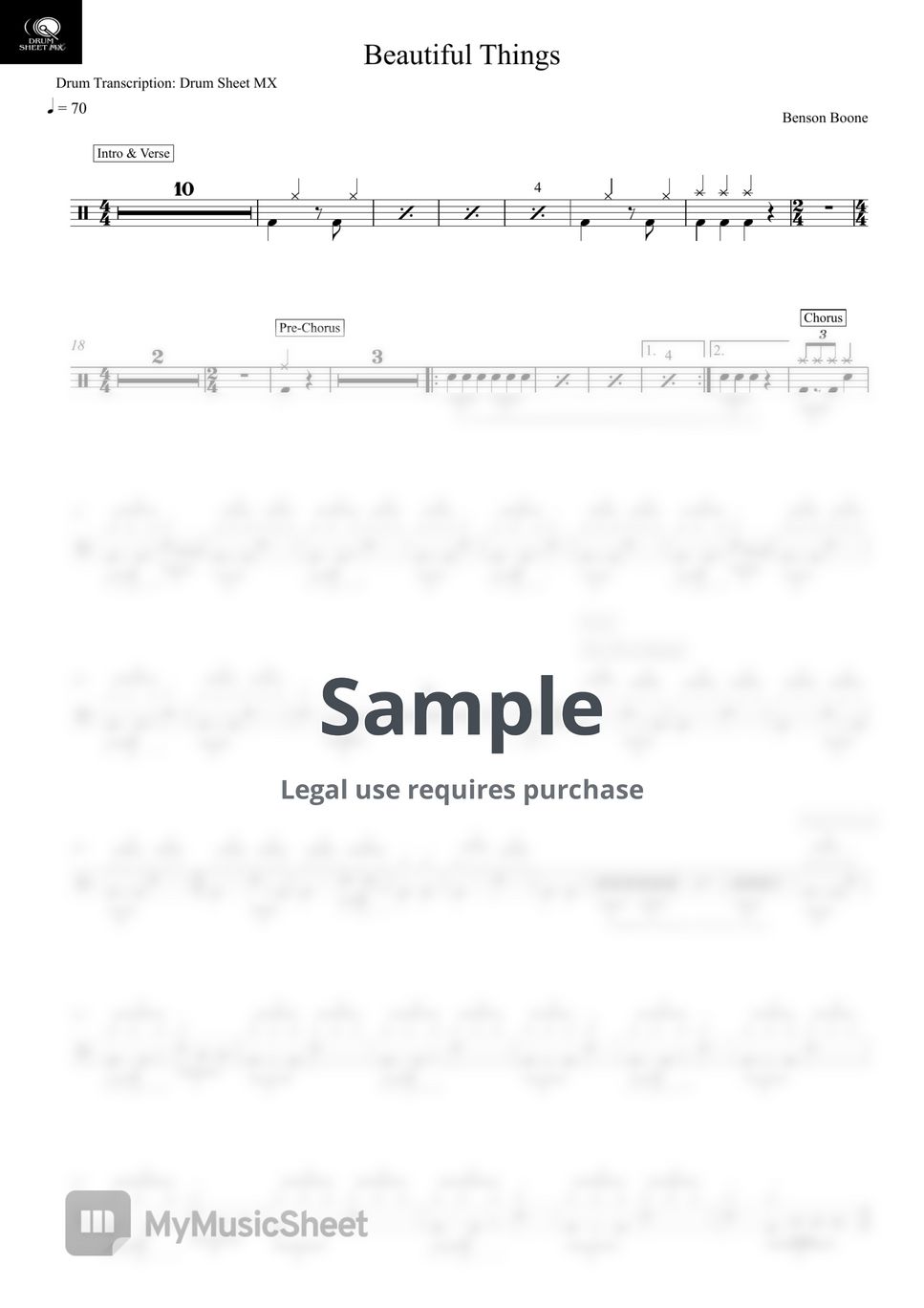 Benson Boone - Beautiful Things by Drum Transcription: Drum Sheet MX