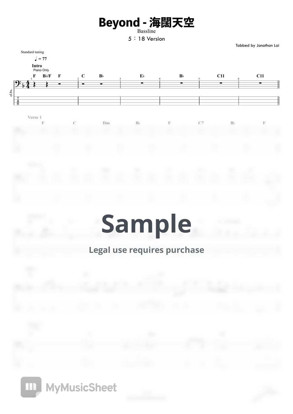 Beyond - 海闊天空 (Bass Guitar Score 低音結他譜) by Jonathan Lai