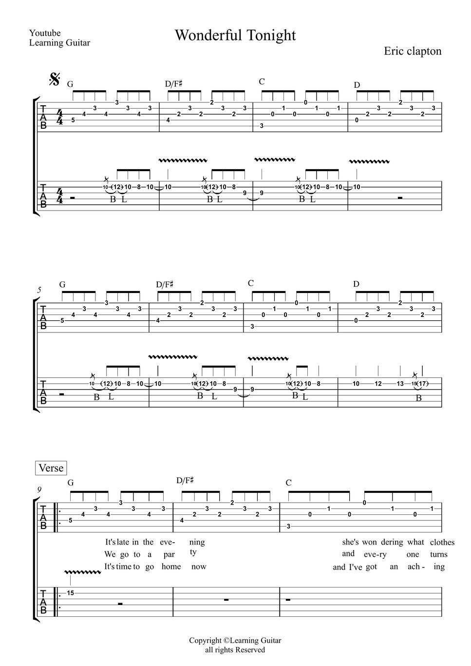 Eric Clapton - Wonderful Tonight (Guitar Lead & Rhythm TAB) Sheets by ...