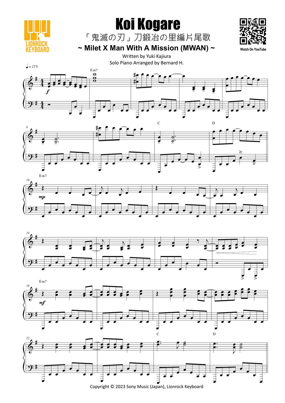 Koi Kogare Utae / Sing In Love Man With A Mission x Milet - Koi Kogare Sheets by Bernard Hui