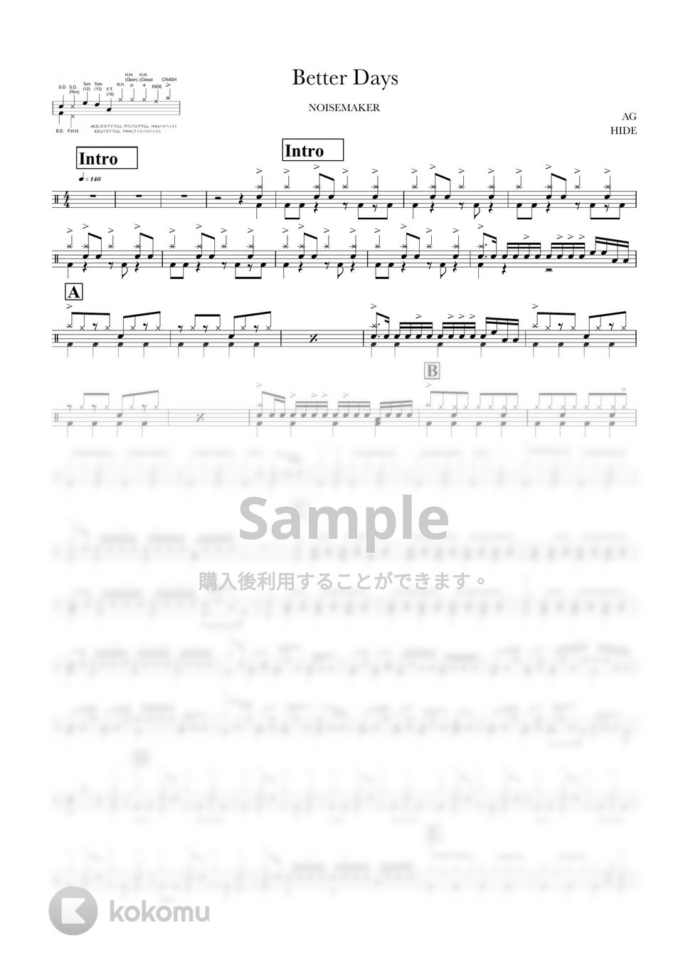 NOISEMAKER Better Days 楽譜 by ONEDRUMS