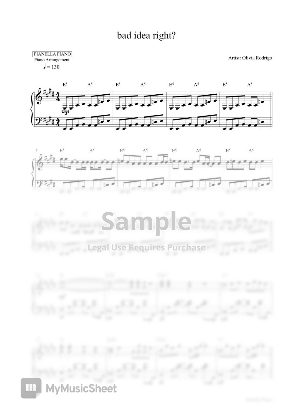 Olivia Rodrigo bad idea right? (Piano Sheet) Sheets by Pianella Piano