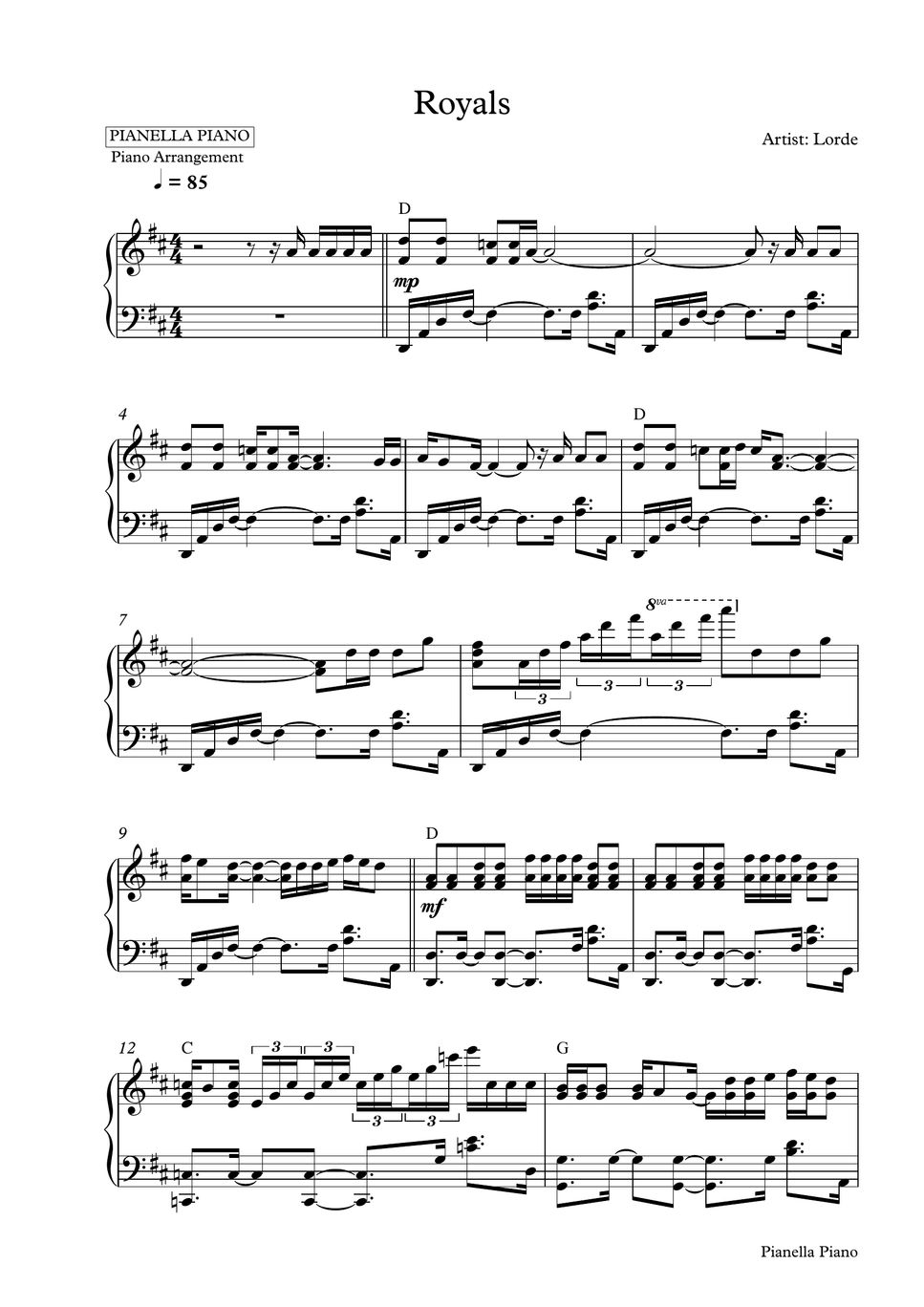 Lorde Royals (Piano Sheet) Sheets by Pianella Piano