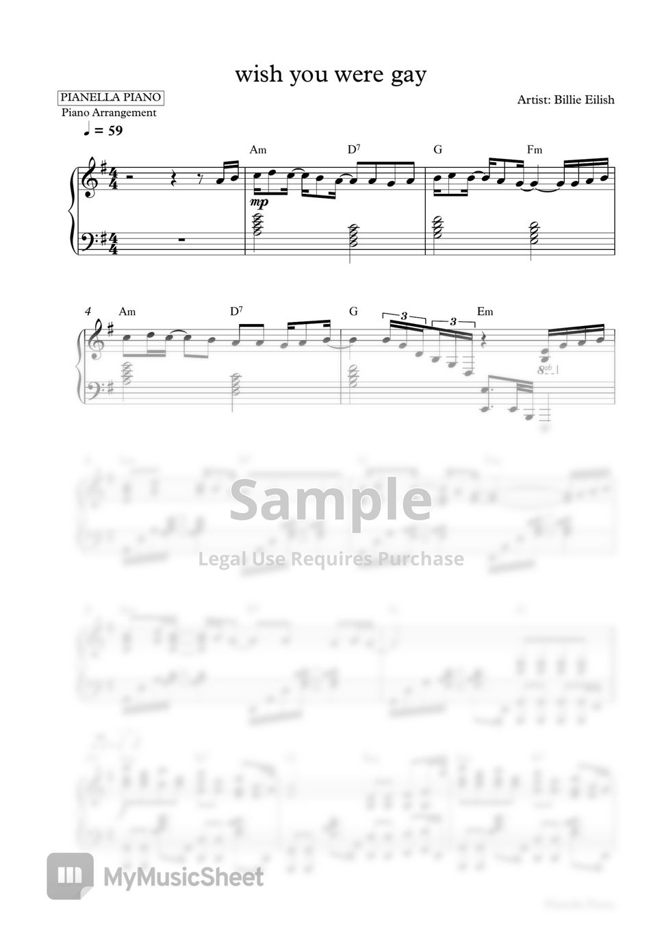 Billie Eilish Wish You Were Gay Piano Sheet Sheets By Pianella Piano 