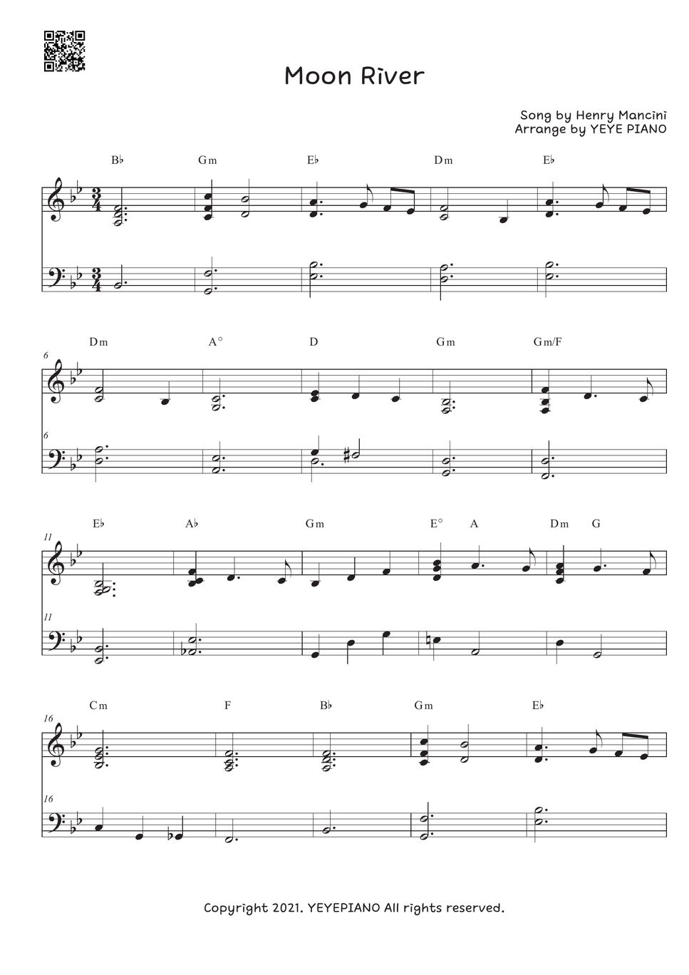 Henry Mancini Moon River Partition musicale by 예예피아노(YEYE PIANO)