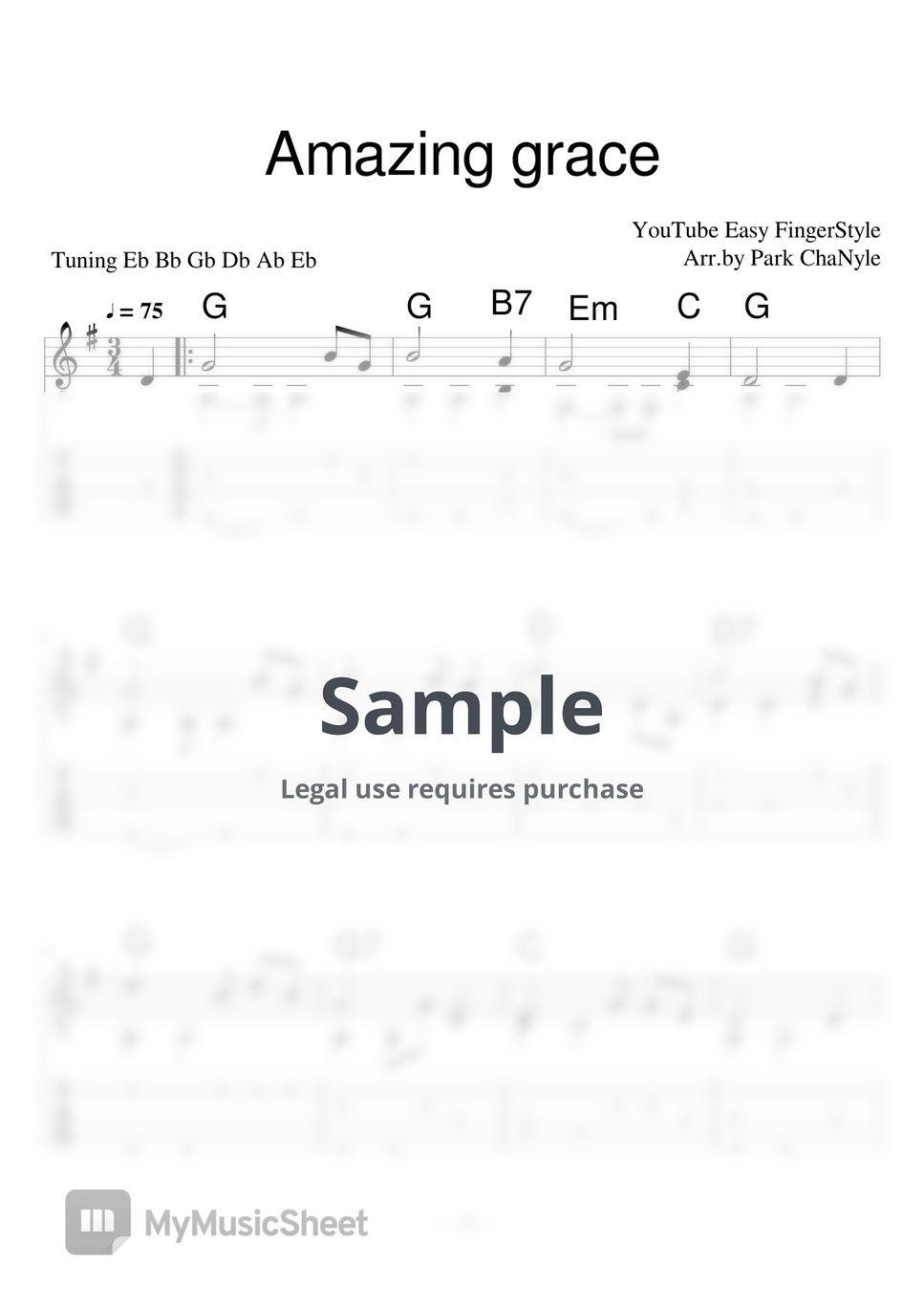 John Newton Amazing Grace (CCM) Tab + 단선 악보 by Easy FingerStyle
