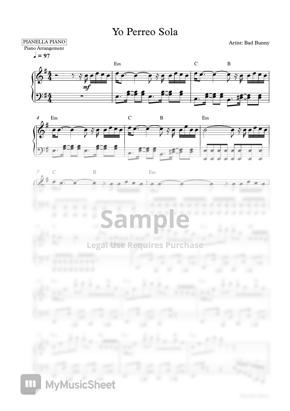 Bad Bunny - Yo Perreo Sola (Piano Sheet) by Pianella Piano