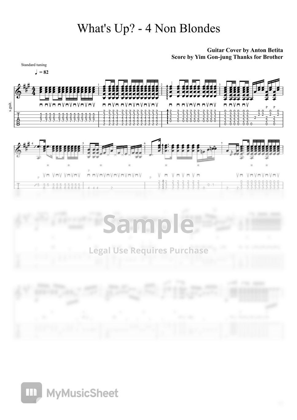 4 Non Blondes What's Up (Guitar/ Fingerstyle / Solo) Tab + 1staff by