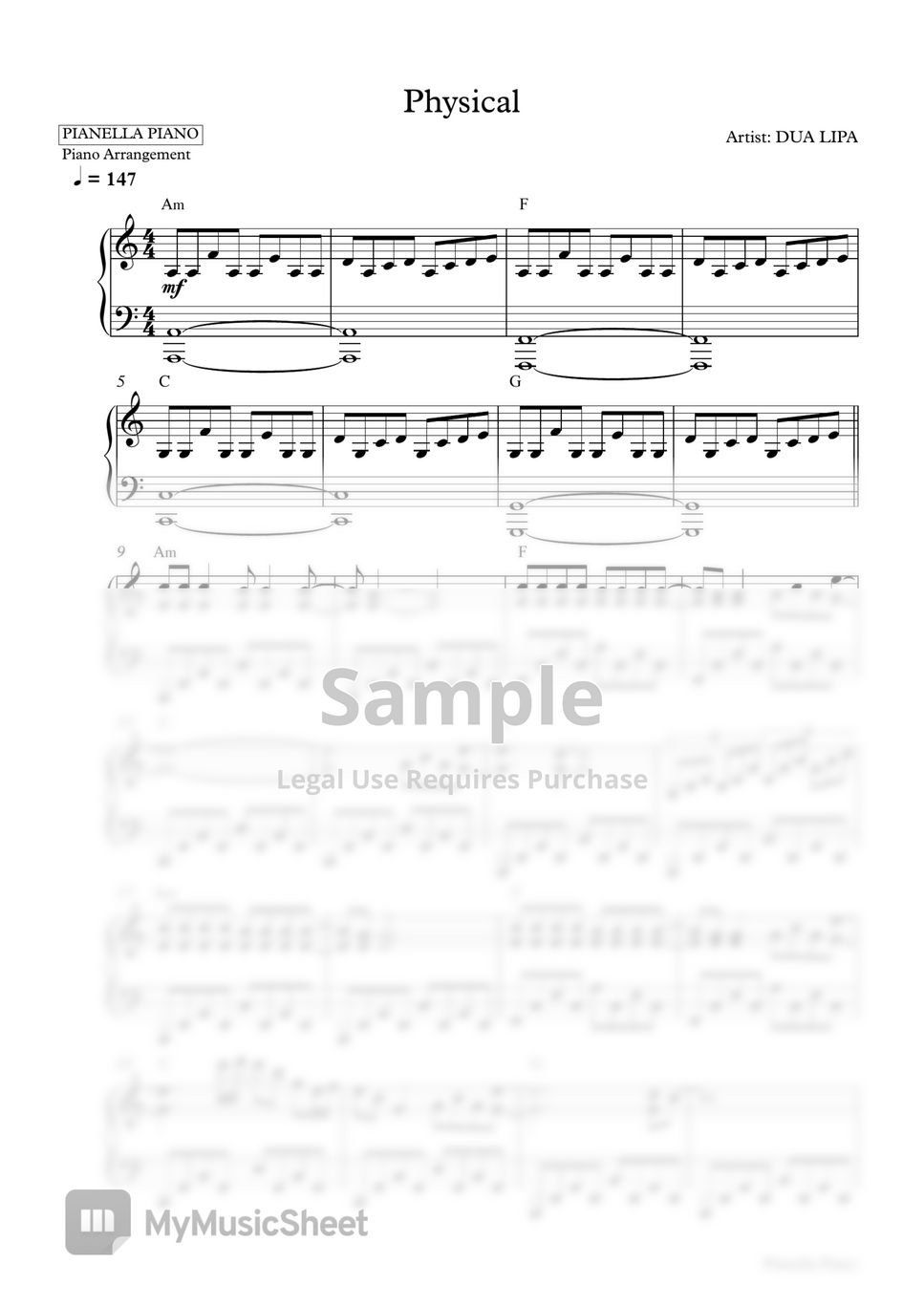 DUA LIPA - Physical (Piano Sheet) by Pianella Piano