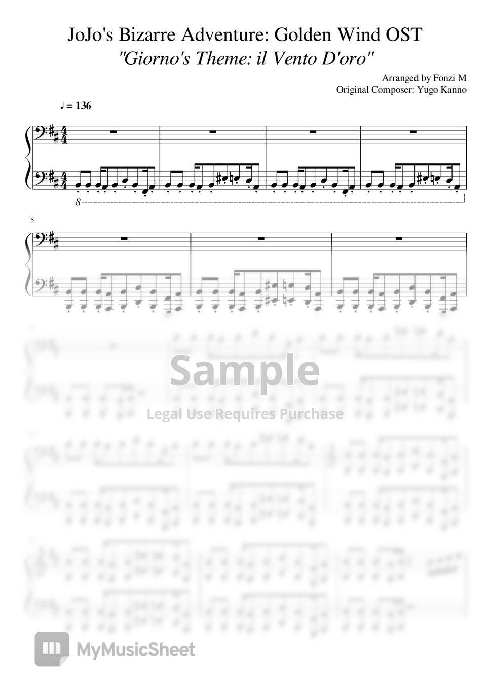 JoJo's Bizarre Adventure Golden Wind OST:Giorno's theme Sheet music for  Piano (Solo)