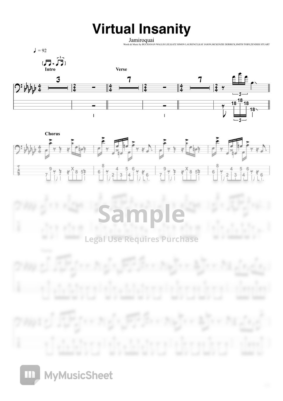 Jamiroquai - Virtual Insanity (BassTAB 4strings) 楽譜 by swbass