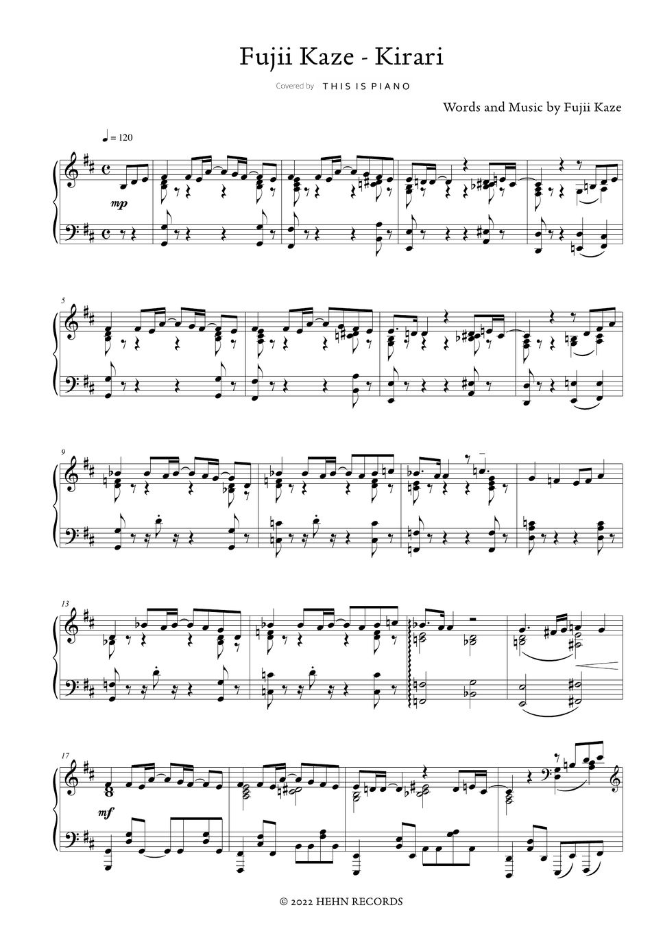 Fujii Kaze - Kirari Sheets by THIS IS PIANO