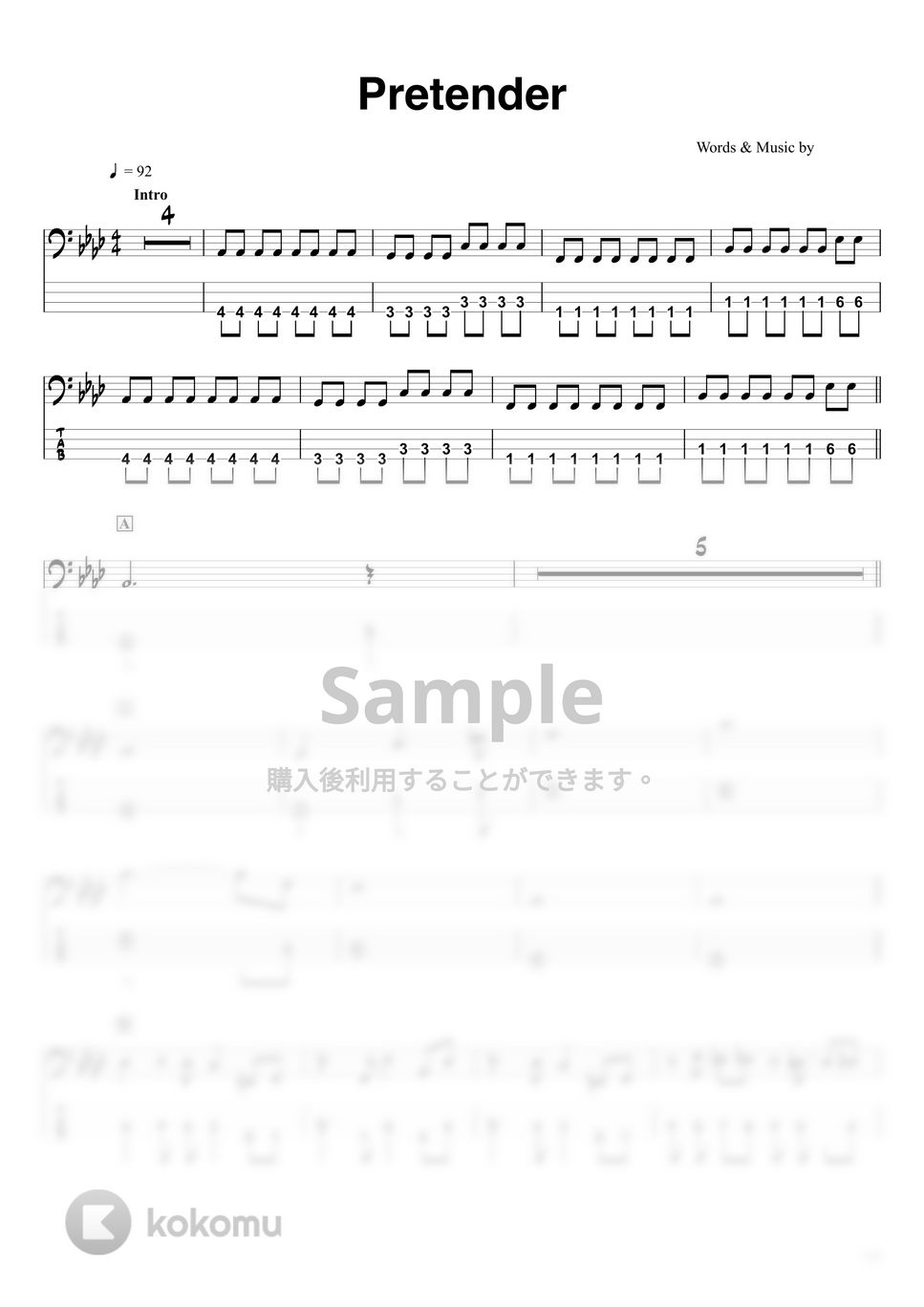 Official髭男dism - Pretender (『ベースTAB譜』☆4弦ベース対応) by swbass