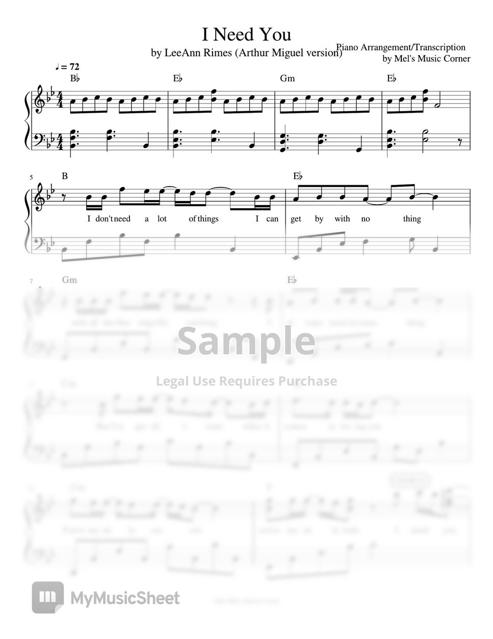 LeeAnn Rimes - I Need You (piano sheet music) by Mel's Music Corner