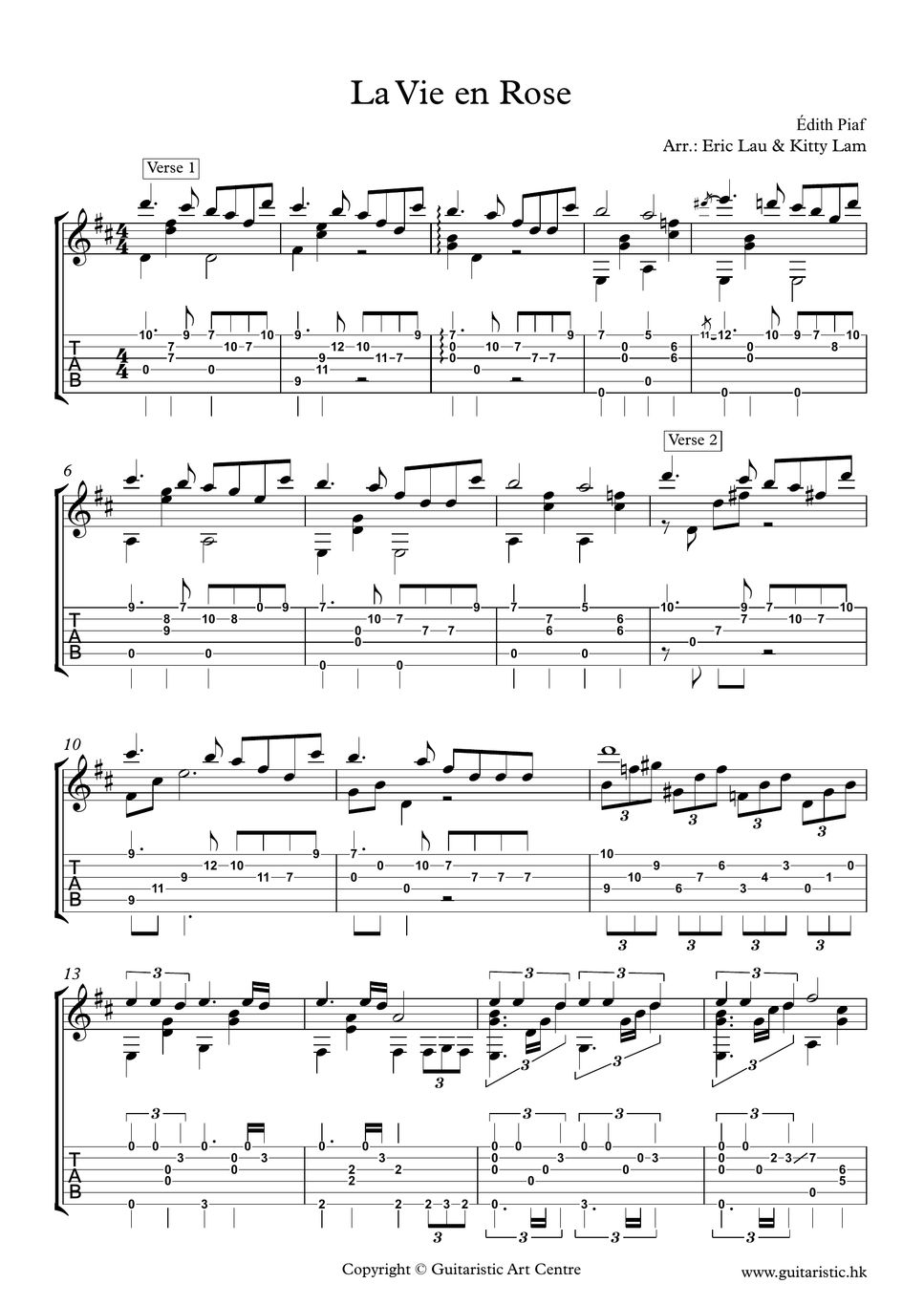 La Vie Rose Edith Piaf Fingerstyle Guitar Tab By Eric Lau And Kitty Lam