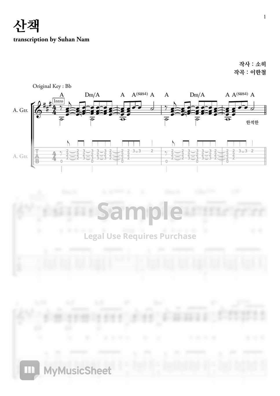 소히(Sorri)/백예린 - 산책 (Guitar TAB) by Suhan Nam