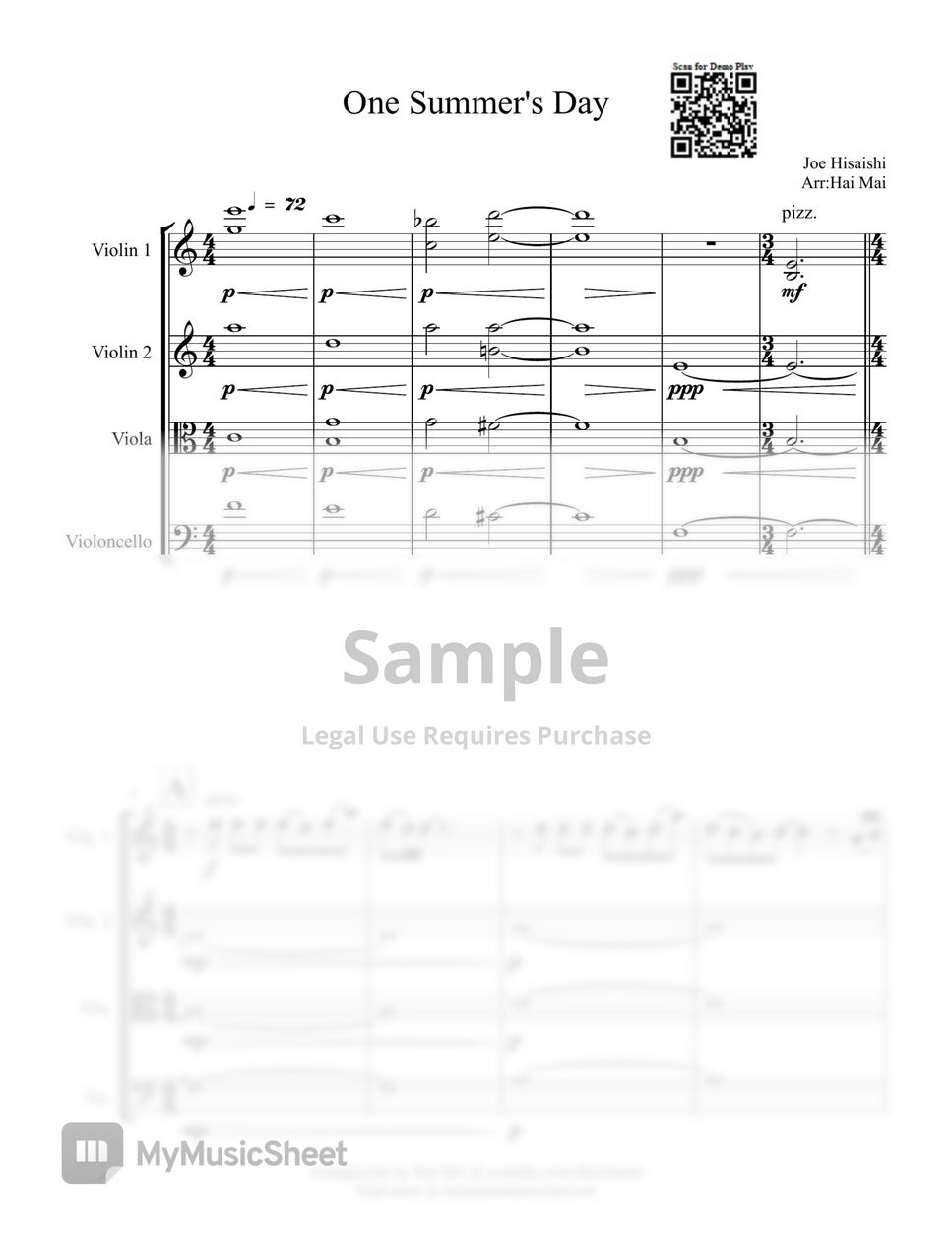 Spirited Away One Summer's Day for String Quartet Sheets by Hai Mai