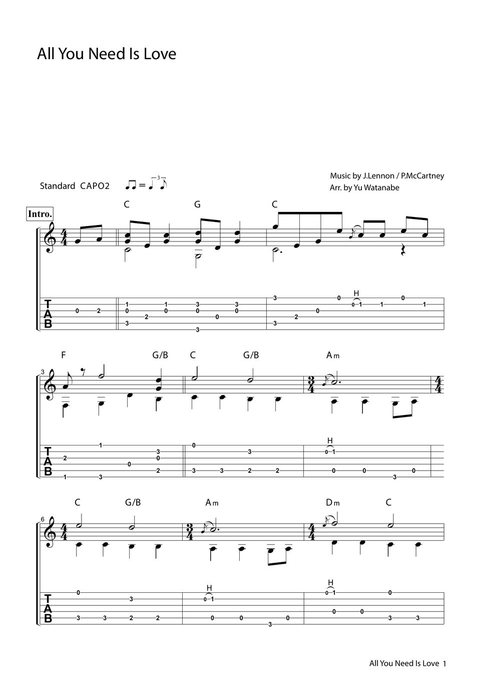 The Beatles All You Need Is Love/愛こそはすべて Sheets by Yu Watanabe/わたなべゆう