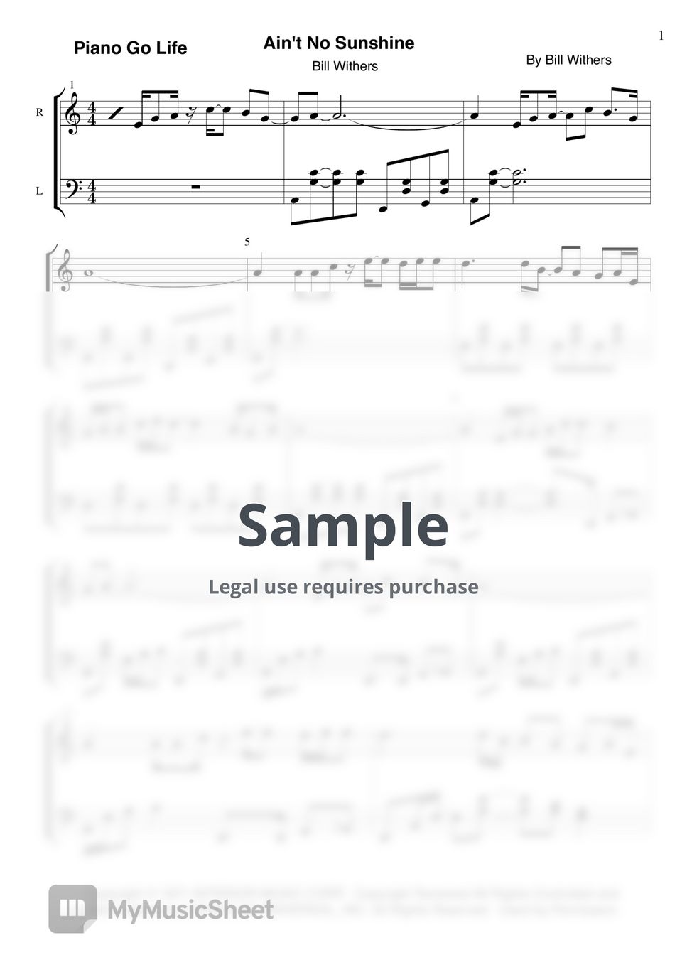 Bill Withers Ain't No Sunshine 악보 by Piano Go Life