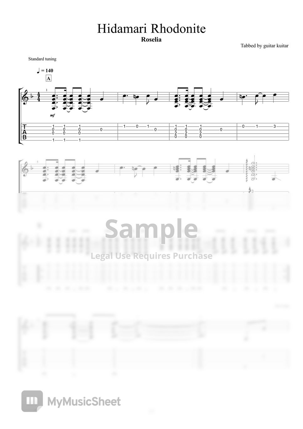 Roselia - Hidamari Rhodonite (Guitar TAB) by guitar kuitar