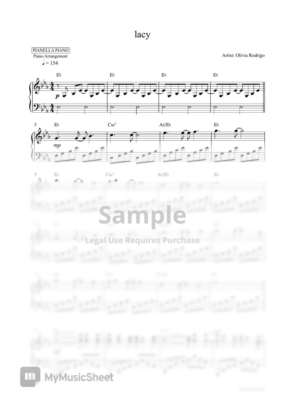 OIivia Rodrigo - lacy (Piano Sheet) by Pianella Piano