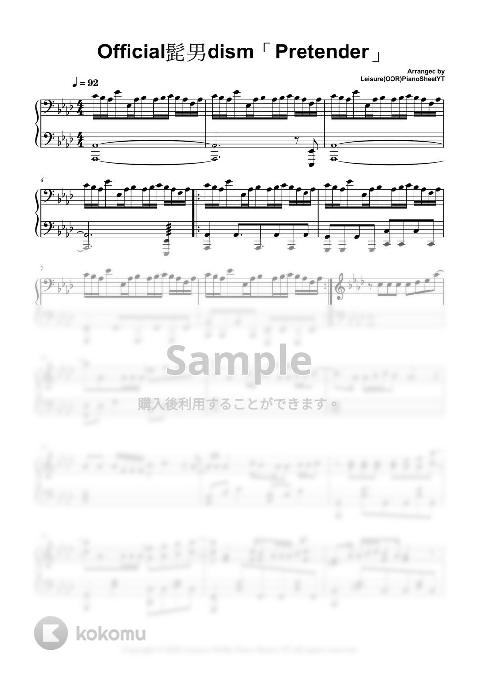 Official髭男dism - Pretender by Leisure (OOR) Piano Sheets YT
