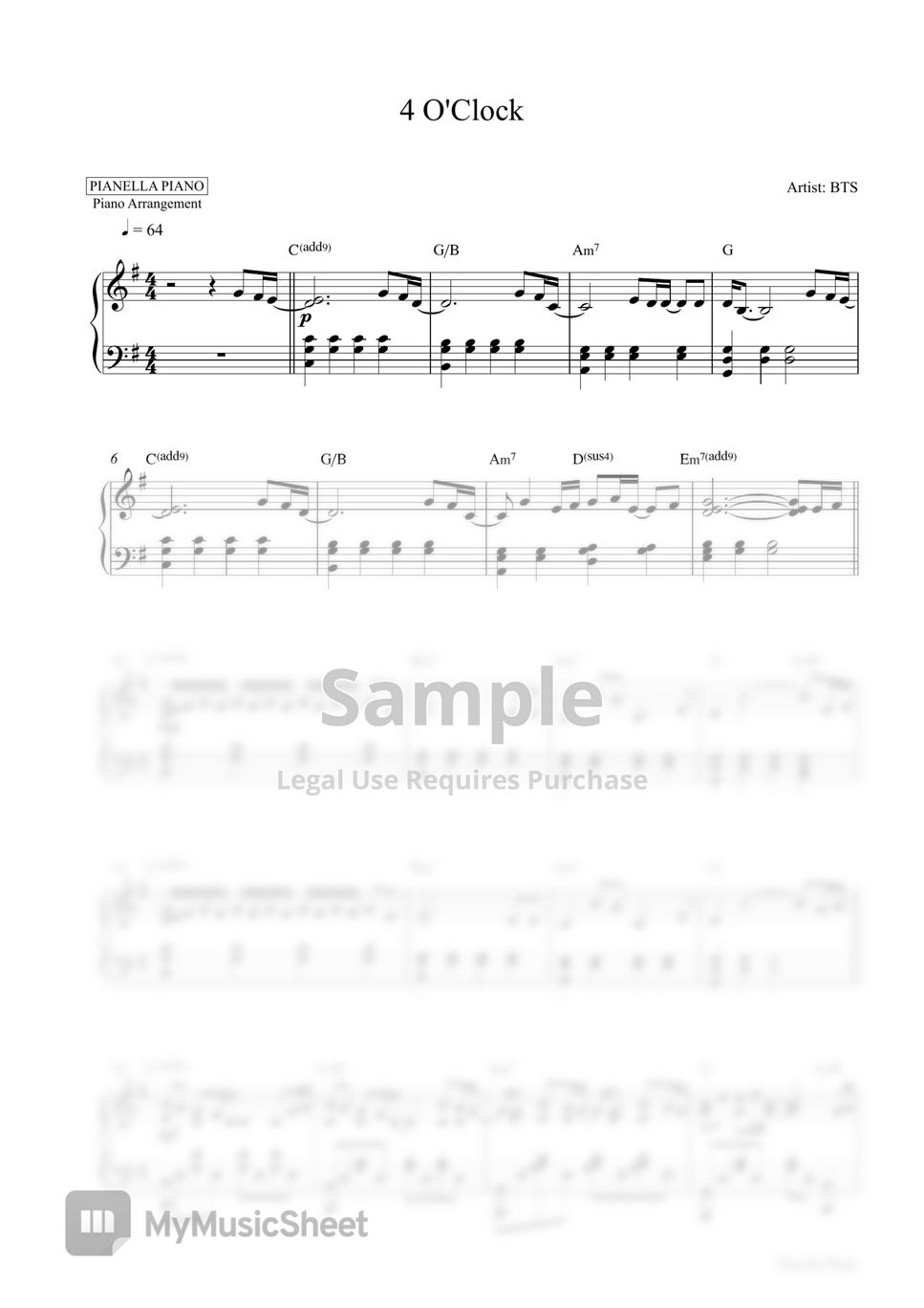 BTS 4 O'CLOCK (Piano Sheet) 악보 by Pianella Piano