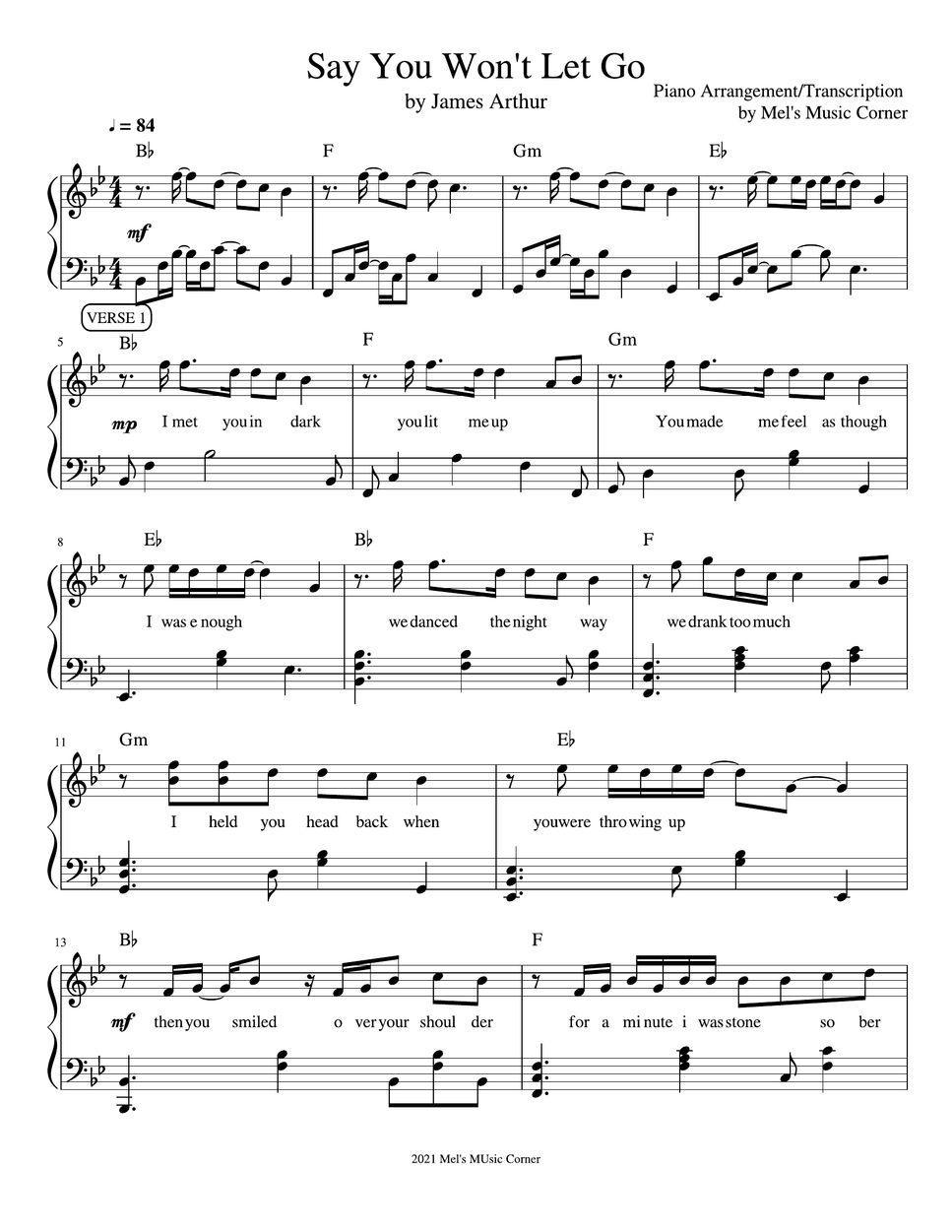 James Arthur Say You Wont Let Go Piano Sheet Music Hoja By Mels Music Corner 