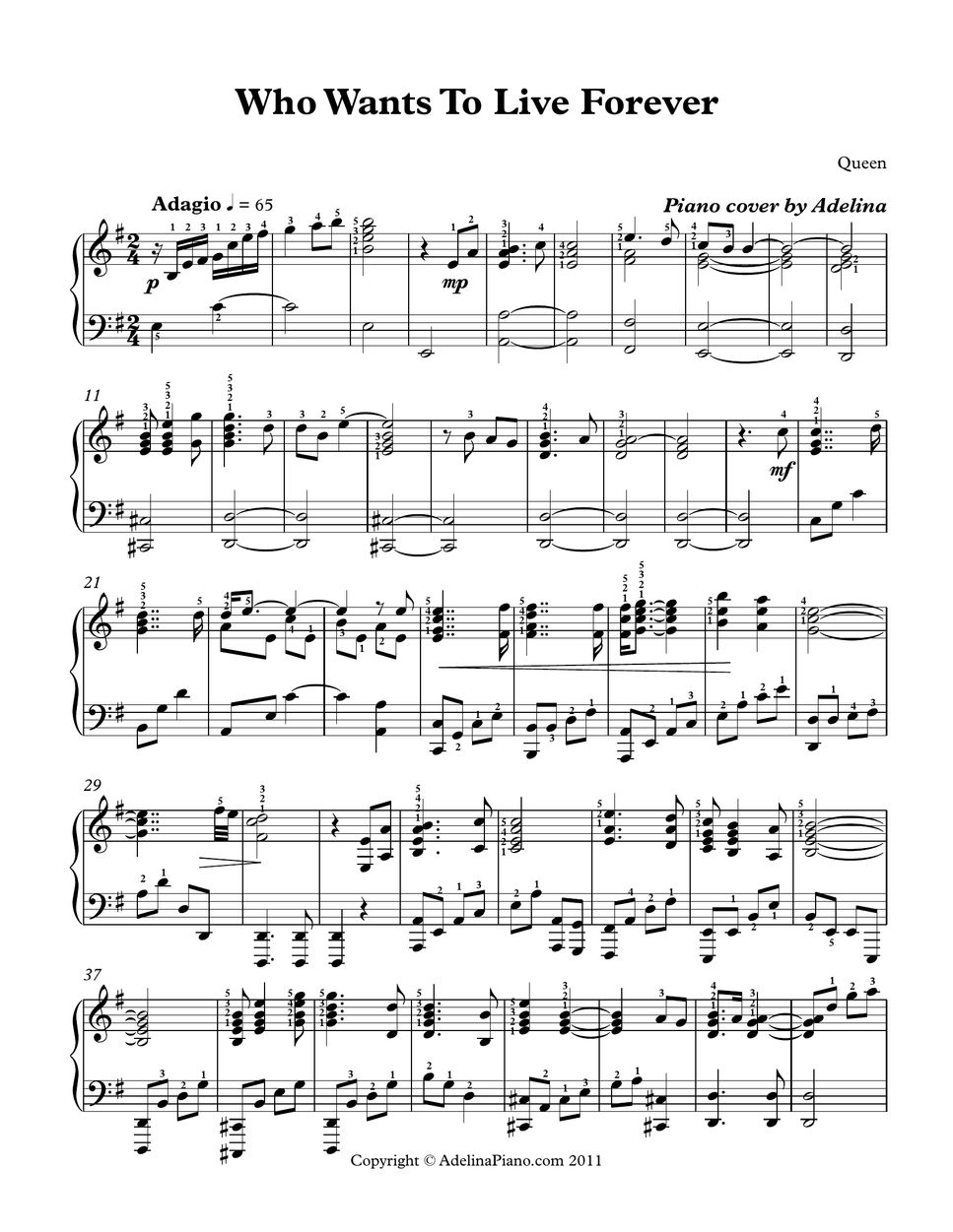 Queen who wants to live forever sheets by adelina piano