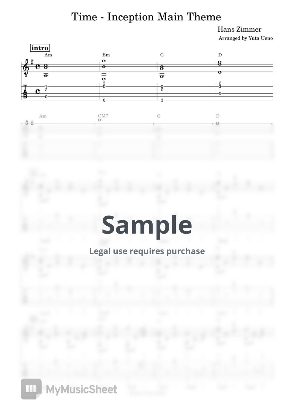Hans Zimmer Time (Fingerstyle) Tab + 1staff by Yuta Ueno