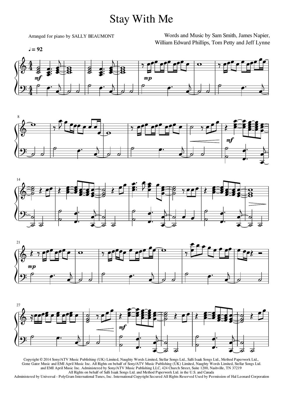 Sam Smith Stay With Me Piano Sheets By Sally Beaumont 5853